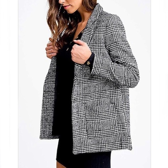 ONE LEFT Hounds Tooth Plaid Tweed Blazer - Picture 3 of 6